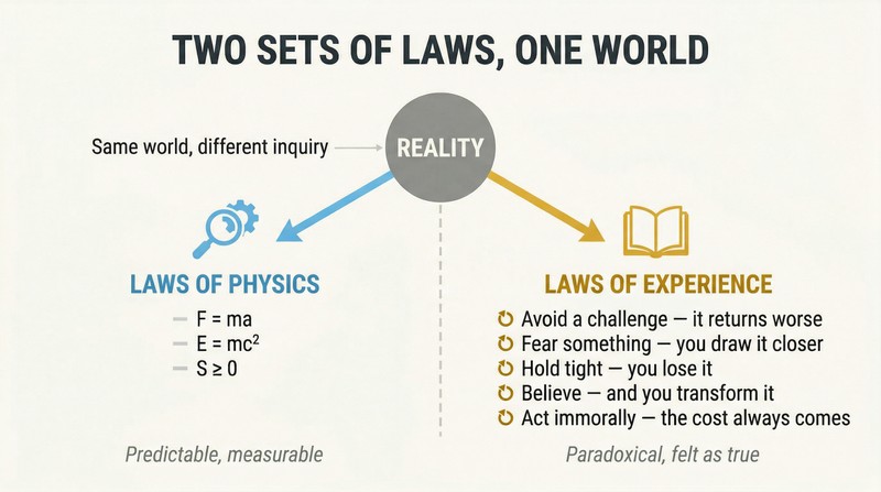 Fork diagram showing reality splitting into physics laws on the left and paradoxical experiential laws from literature on the right.