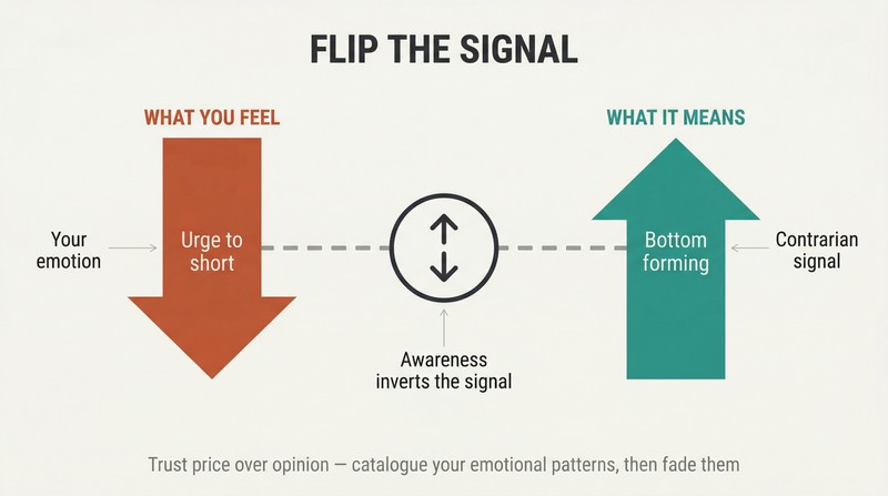 Transformation diagram showing a downward emotional urge passing through an inversion lens and emerging as an upward buy signal, illustrating how trading emotions are contrarian indicators.