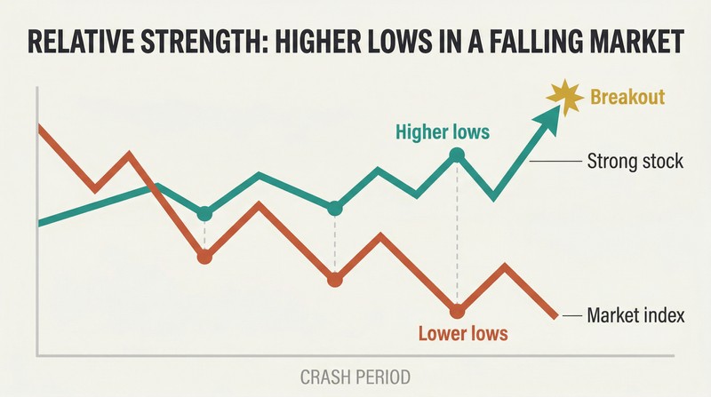 Two price paths diverge during a market crash — the index makes successively lower lows while a strong stock makes higher lows, then breaks out upward.