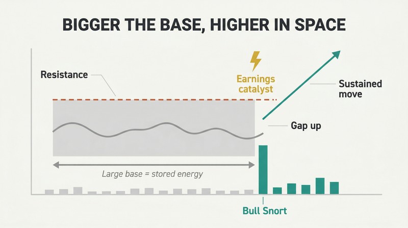 Stylized price chart showing a wide flat consolidation base that breaks out sharply upward at an earnings catalyst point with heavy volume confirmation.
