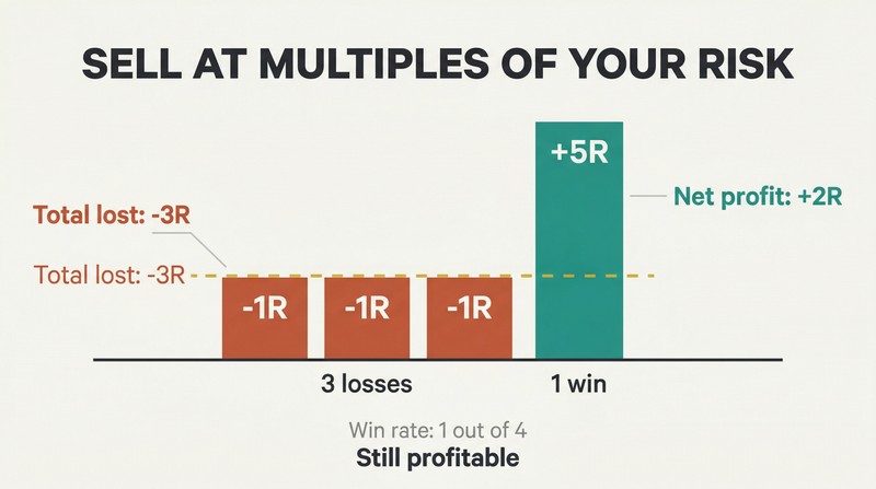 Bar chart showing three small loss bars at one risk unit each beside one tall win bar at five risk units, revealing how asymmetric payoffs produce net profit despite more losses than wins.