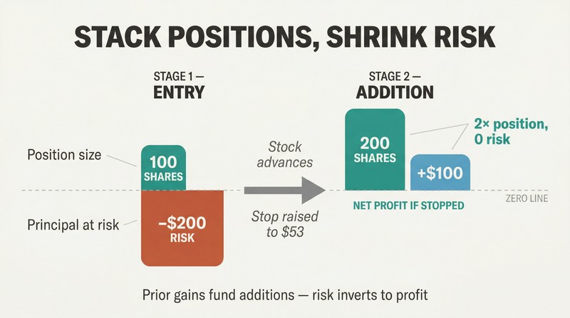 Two-stage comparison showing position size doubling from entry to addition while risk inverts from a loss to a net profit if stopped out.