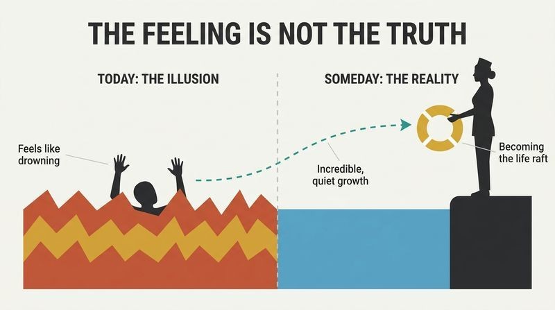 Split diagram showing a nurse drowning in chaotic waves on the left, transitioning via a rising path to a stable, calm nurse throwing out a life raft on the right.