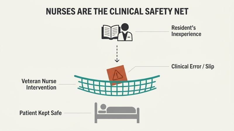 Vertical diagram showing a green resident's clinical mistake falling as a terracotta block, caught by a strong teal nursing safety net before it can reach the patient bed below.