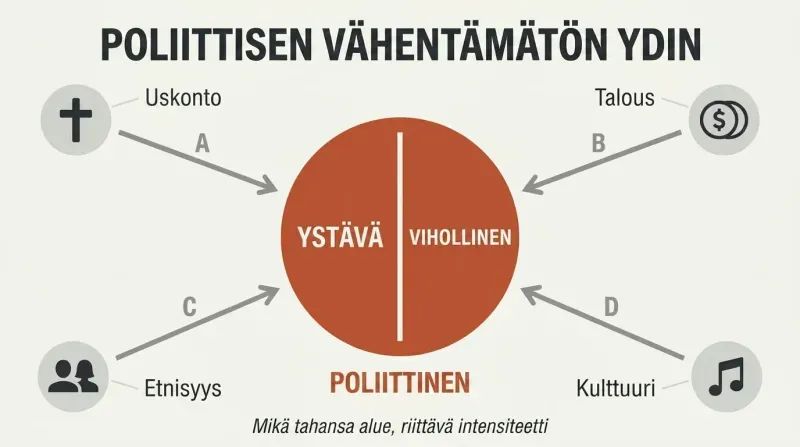 Multiple cultural domains — religion, economics, ethnicity, culture — radiate inward toward a central friend-enemy dividing line that defines the political.