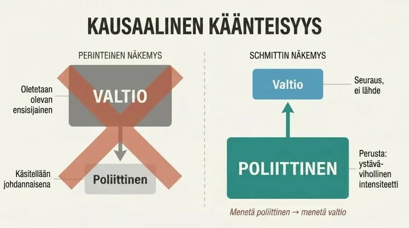 Split panel comparing conventional view where the state creates the political against Schmitt's reversal where the political creates the state as its foundation.