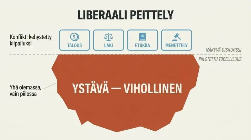 Iceberg diagram showing liberal categories of economics, law, ethics, and procedure above a waterline, while the friend-enemy distinction persists unchanged below.