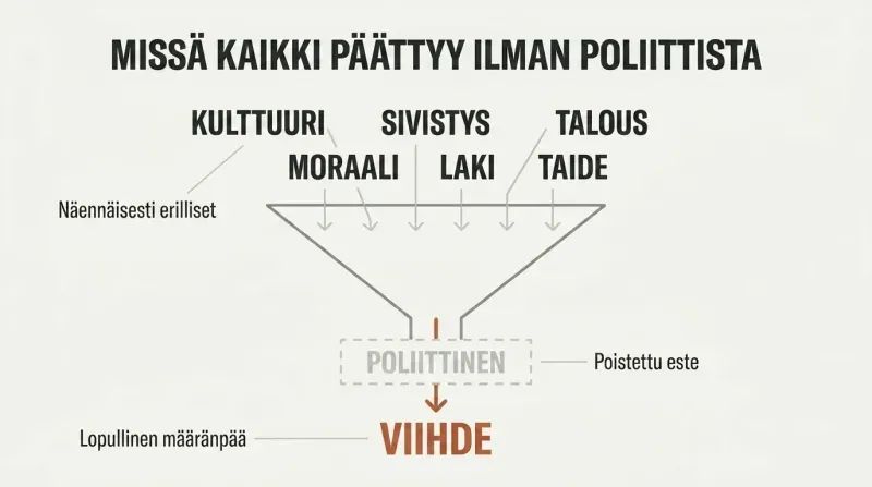 Funnel diagram showing culture, morals, law, economy, and art all collapsing downward into a single word, entertainment, when the political is removed.
