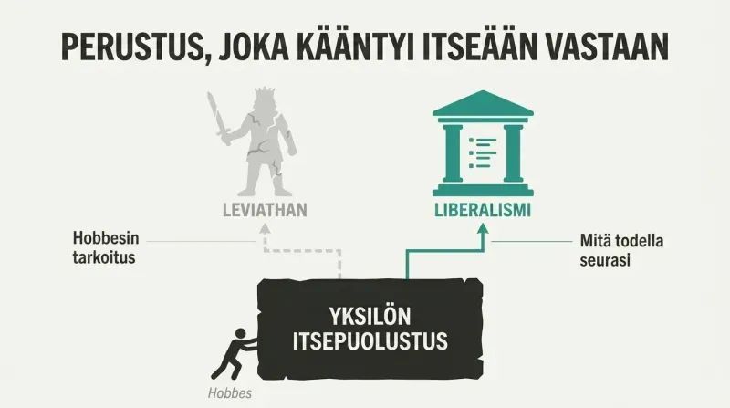 Fork diagram showing how Hobbes's self-preservation principle was intended to support absolute state power but instead became the logical foundation for liberal individual rights.