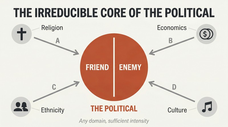 Multiple cultural domains — religion, economics, ethnicity, culture — radiate inward toward a central friend-enemy dividing line that defines the political.