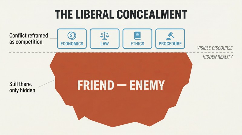 Iceberg diagram showing liberal categories of economics, law, ethics, and procedure above a waterline, while the friend-enemy distinction persists unchanged below.