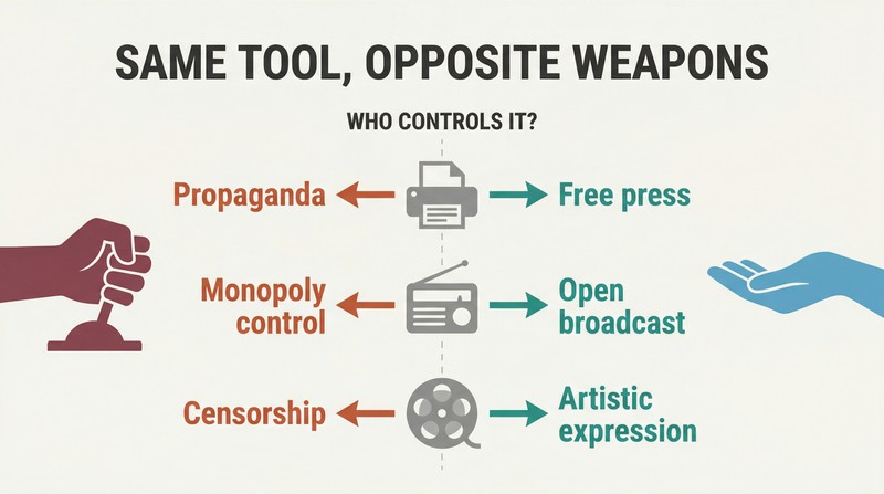 Three technologies in a center column each fork into opposing uses — liberation on the right and oppression on the left — showing that no technology is neutral.