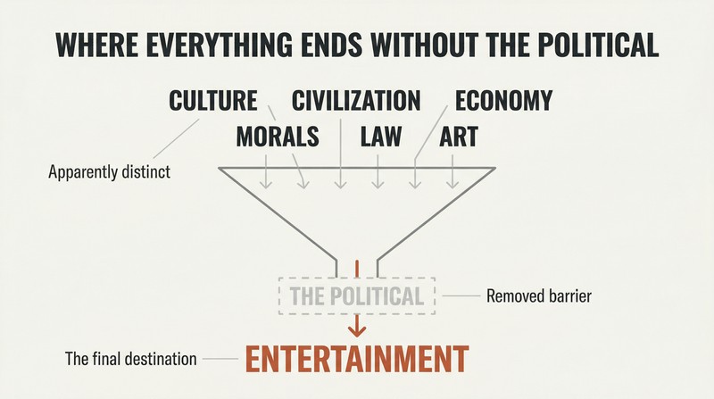 Funnel diagram showing culture, morals, law, economy, and art all collapsing downward into a single word, entertainment, when the political is removed.
