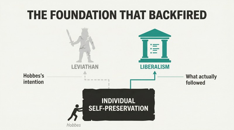 Fork diagram showing how Hobbes's self-preservation principle was intended to support absolute state power but instead became the logical foundation for liberal individual rights.