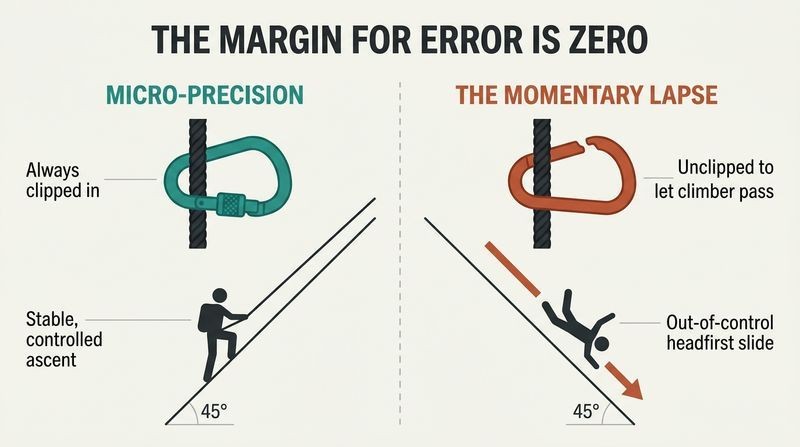Split panel diagram comparing a safely clipped climber climbing securely to an unclipped climber sliding headfirst down a steep slope.