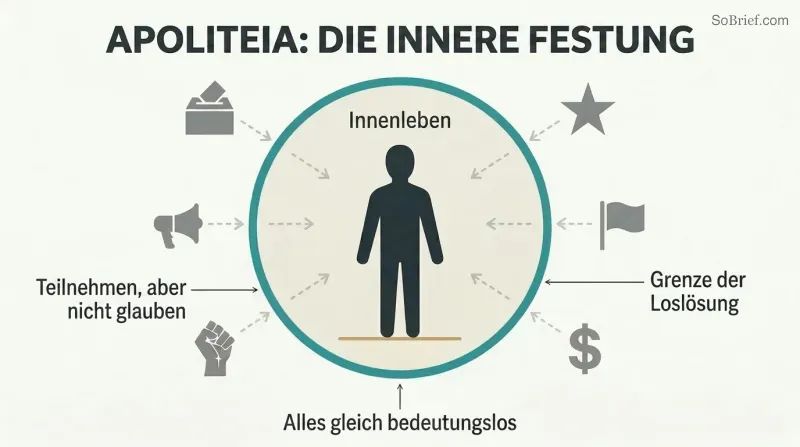 Concentric diagram showing a still human figure inside a calm protected circle, surrounded by equivalent political symbols kept outside a firm boundary.