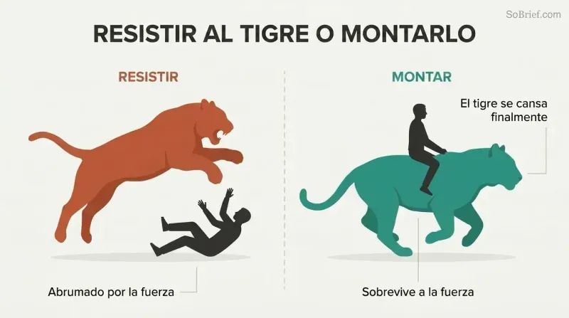 Split panel comparing a figure overwhelmed while opposing a tiger on the left with a composed figure riding the same tiger on the right.