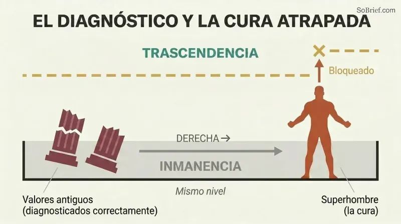 Horizontal plane of immanence containing both collapsed old values and the superman, with a blocked arrow showing transcendence unreached above.