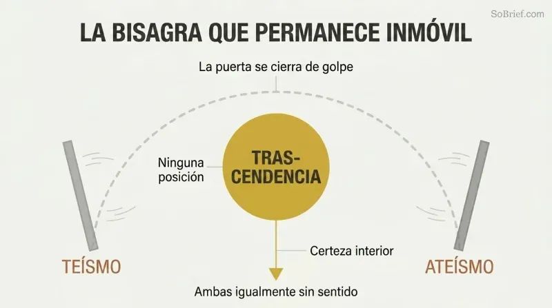A fixed golden hinge point at center with a sweeping arc door swinging between theism and atheism, showing transcendence as the immobile pivot beyond both positions.