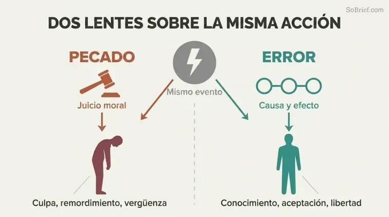Split panel comparing the sin framework of moral judgment leading to guilt with the error framework of cause-and-effect analysis leading to clarity.