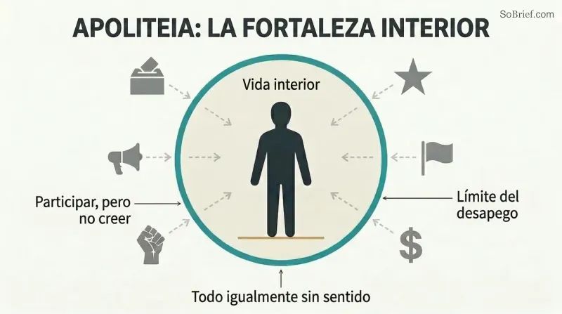 Concentric diagram showing a still human figure inside a calm protected circle, surrounded by equivalent political symbols kept outside a firm boundary.
