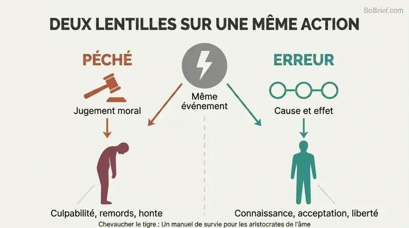 Split panel comparing the sin framework of moral judgment leading to guilt with the error framework of cause-and-effect analysis leading to clarity.