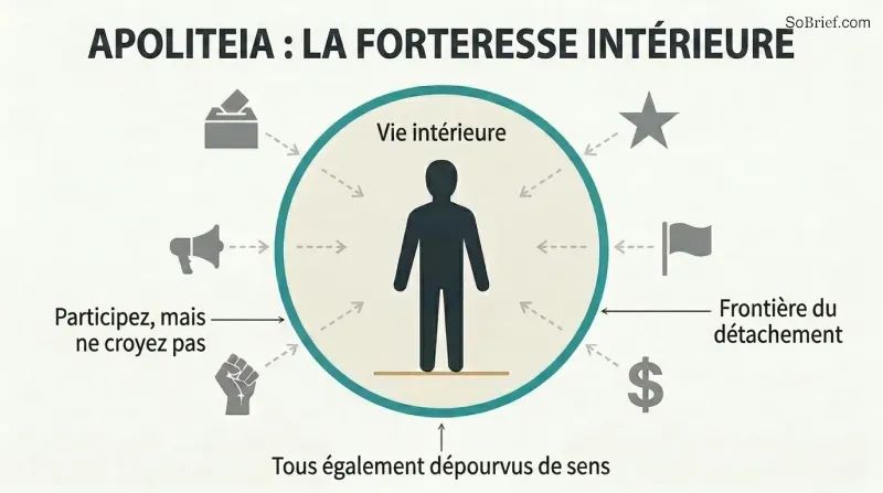 Concentric diagram showing a still human figure inside a calm protected circle, surrounded by equivalent political symbols kept outside a firm boundary.