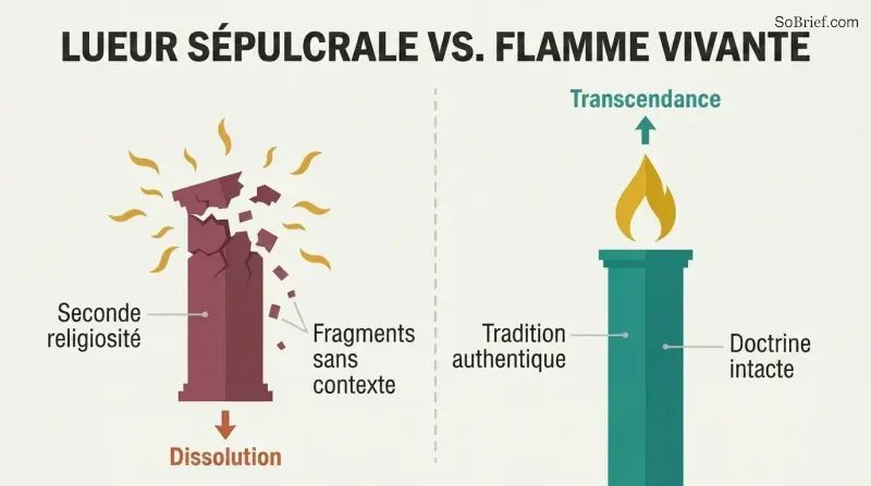 Split panel comparing a crumbling pillar emitting sickly downward wisps on the left with a solid pillar bearing an upward flame on the right, distinguishing counterfeit spirituality from authentic tradition.