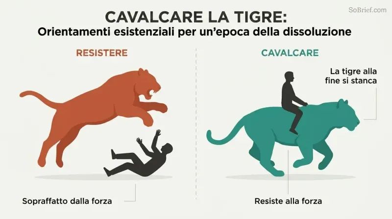 Split panel comparing a figure overwhelmed while opposing a tiger on the left with a composed figure riding the same tiger on the right.
