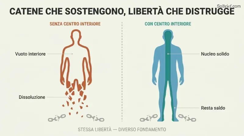 Split panel comparing two human silhouettes after liberation — one hollow and crumbling, the other standing firm with a solid inner core visible.