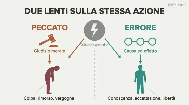 Split panel comparing the sin framework of moral judgment leading to guilt with the error framework of cause-and-effect analysis leading to clarity.