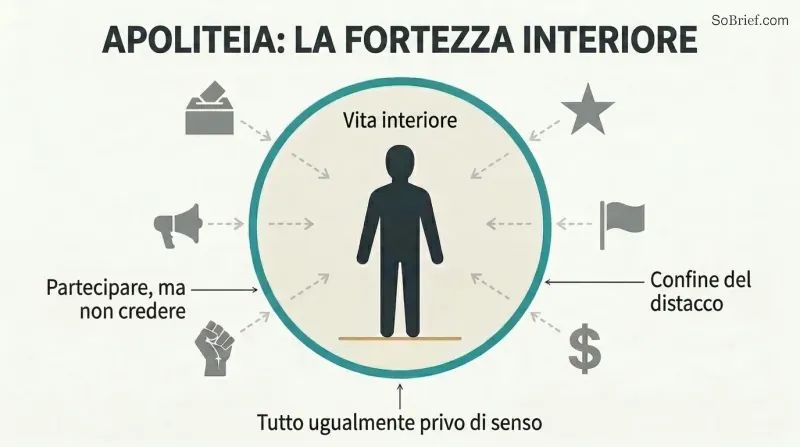 Concentric diagram showing a still human figure inside a calm protected circle, surrounded by equivalent political symbols kept outside a firm boundary.