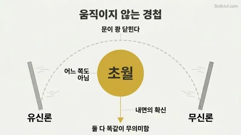 A fixed golden hinge point at center with a sweeping arc door swinging between theism and atheism, showing transcendence as the immobile pivot beyond both positions.