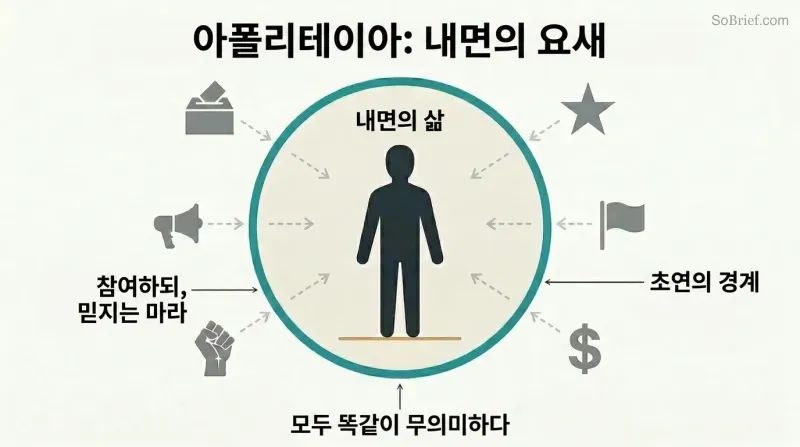 Concentric diagram showing a still human figure inside a calm protected circle, surrounded by equivalent political symbols kept outside a firm boundary.