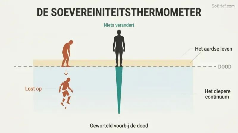 Iceberg-style depth diagram showing a figure rooted far below a death threshold line, with earthly life as a narrow band within a vast continuum of being.