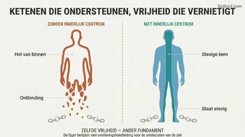 Split panel comparing two human silhouettes after liberation — one hollow and crumbling, the other standing firm with a solid inner core visible.