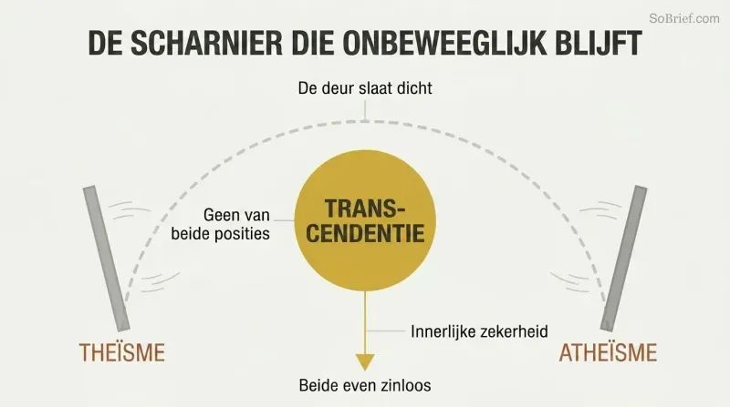 A fixed golden hinge point at center with a sweeping arc door swinging between theism and atheism, showing transcendence as the immobile pivot beyond both positions.