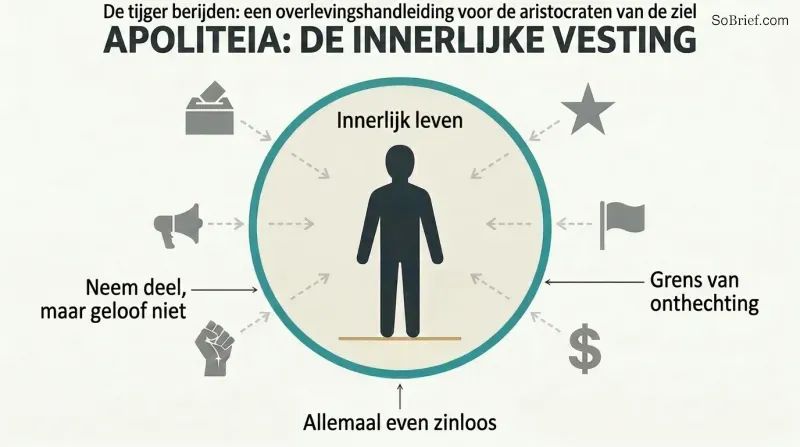 Concentric diagram showing a still human figure inside a calm protected circle, surrounded by equivalent political symbols kept outside a firm boundary.