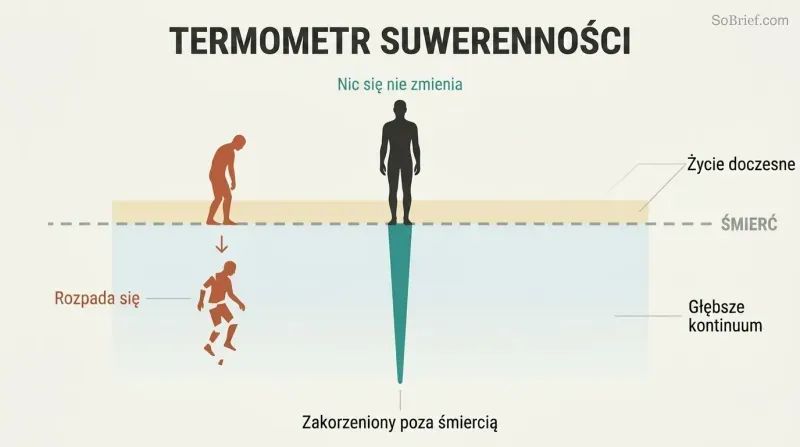 Iceberg-style depth diagram showing a figure rooted far below a death threshold line, with earthly life as a narrow band within a vast continuum of being.
