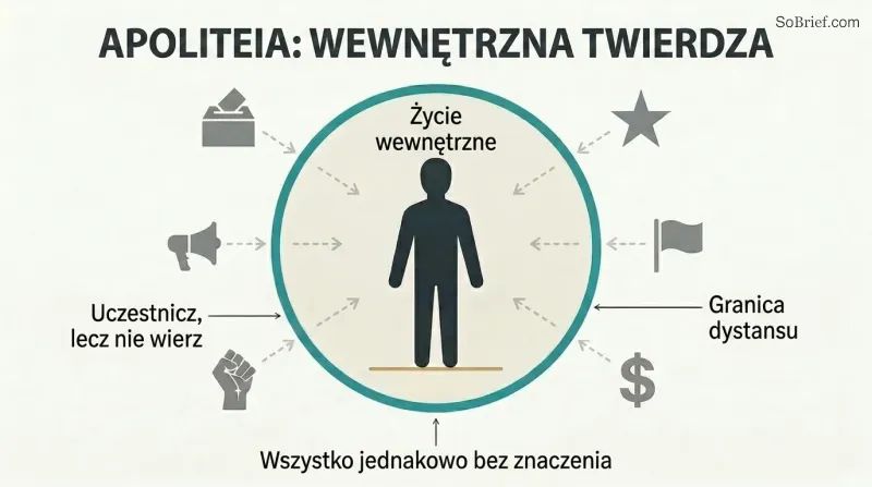 Concentric diagram showing a still human figure inside a calm protected circle, surrounded by equivalent political symbols kept outside a firm boundary.