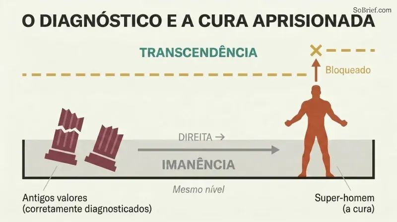Horizontal plane of immanence containing both collapsed old values and the superman, with a blocked arrow showing transcendence unreached above.