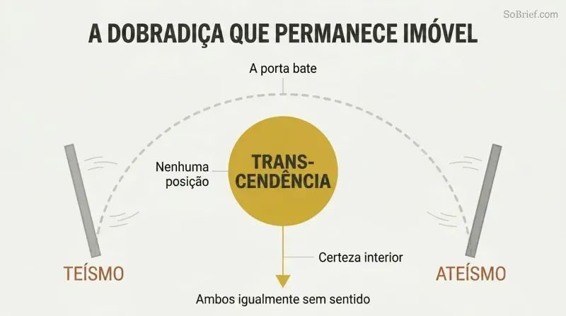 A fixed golden hinge point at center with a sweeping arc door swinging between theism and atheism, showing transcendence as the immobile pivot beyond both positions.