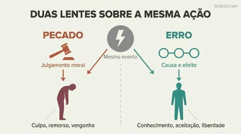 Split panel comparing the sin framework of moral judgment leading to guilt with the error framework of cause-and-effect analysis leading to clarity.