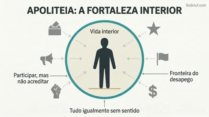 Concentric diagram showing a still human figure inside a calm protected circle, surrounded by equivalent political symbols kept outside a firm boundary.