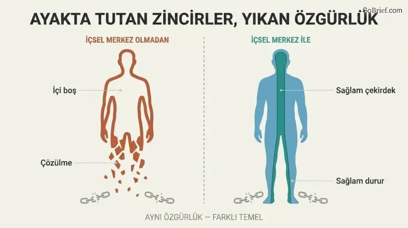 Split panel comparing two human silhouettes after liberation — one hollow and crumbling, the other standing firm with a solid inner core visible.