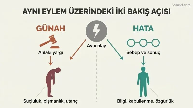 Split panel comparing the sin framework of moral judgment leading to guilt with the error framework of cause-and-effect analysis leading to clarity.