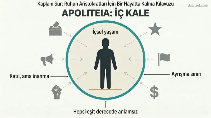 Concentric diagram showing a still human figure inside a calm protected circle, surrounded by equivalent political symbols kept outside a firm boundary.