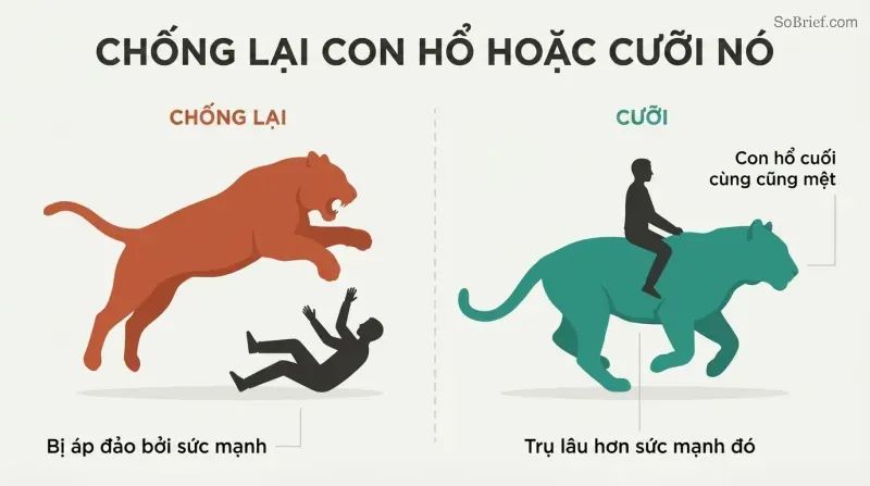 Split panel comparing a figure overwhelmed while opposing a tiger on the left with a composed figure riding the same tiger on the right.