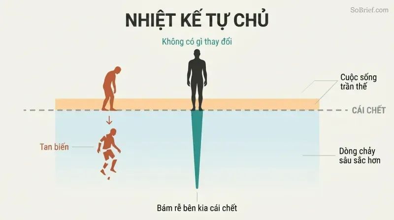 Iceberg-style depth diagram showing a figure rooted far below a death threshold line, with earthly life as a narrow band within a vast continuum of being.