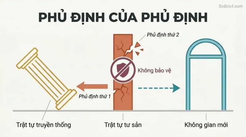 Three pillars in sequence where the first ancient pillar was toppled by the second modern one, which now itself cracks and crumbles, with a prohibition symbol over defending it.